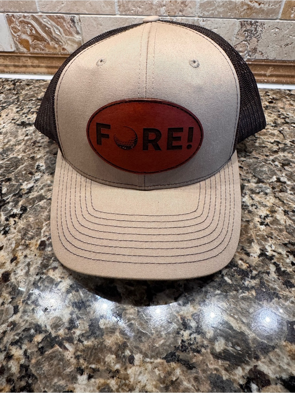 Men's Beige and Brown 'FORE!' Trucker Hat